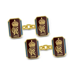 18ct Yellow Gold Oblong Chain Link Coronation Cufflinks - Red Cufflink