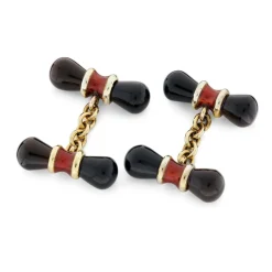 9ct Yellow Gold Onyx And Red Enamel Dumbbell Cufflinks