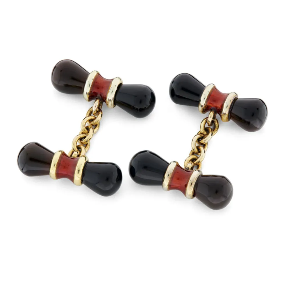 9ct Yellow Gold Onyx And Red Enamel Dumbbell Cufflinks