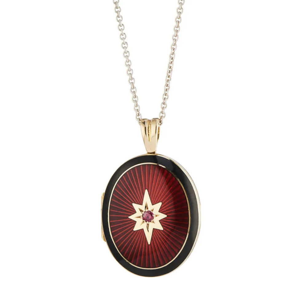 18ct Yellow Gold Red and Black Enamel Locket with Ruby Centre