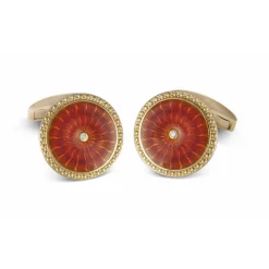 18ct Yellow Gold Round Cufflinks with Orange Enamel & Diamond Centre