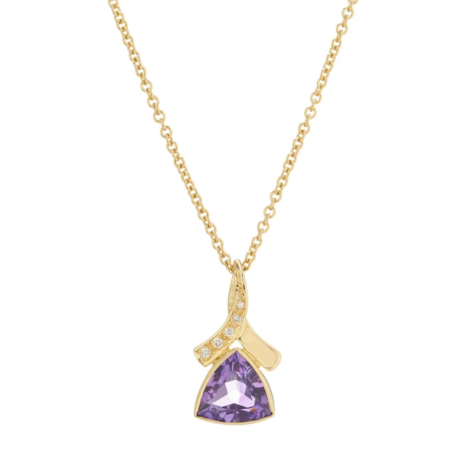 18ct Yellow Gold Trilliant Cut Amethyst And Diamond Pendant
