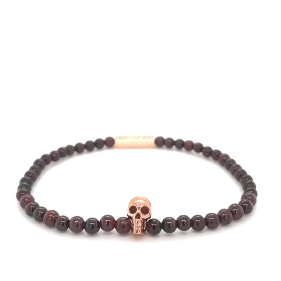 Garnet Bead Stretch Bracelet with Rose Gold Plate Skull