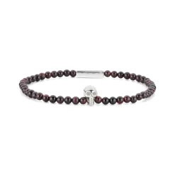 Garnet Bead Stretch Bracelet With Sterling Silver Skull
