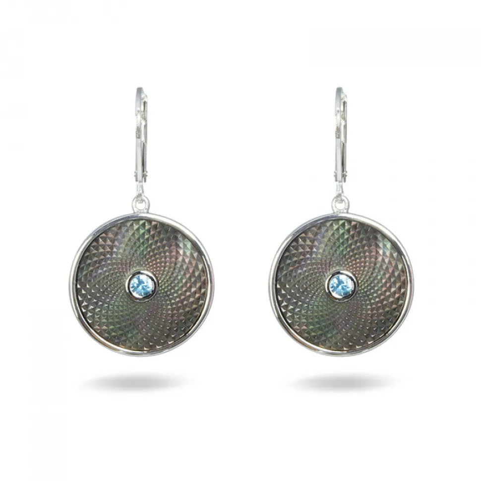 Grey Mother-of-Pearl Dreamcatcher Earrings with Aquamarine Gem