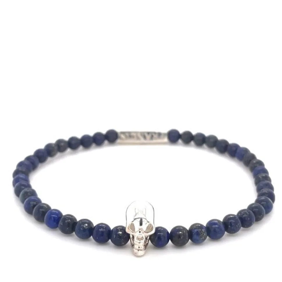 Lapis Lazuli Bead Stretch Bracelet with Silver Skull
