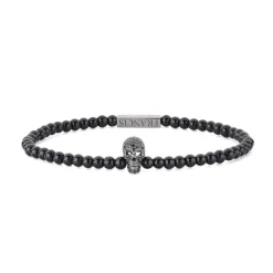 Onyx Bead Stretch Bracelet With Black Spinel Skull