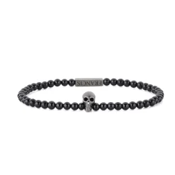 Onyx Bead Stretch Bracelet With Black Skull