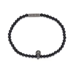 Onyx Bead Stretch Bracelet With Black Skull