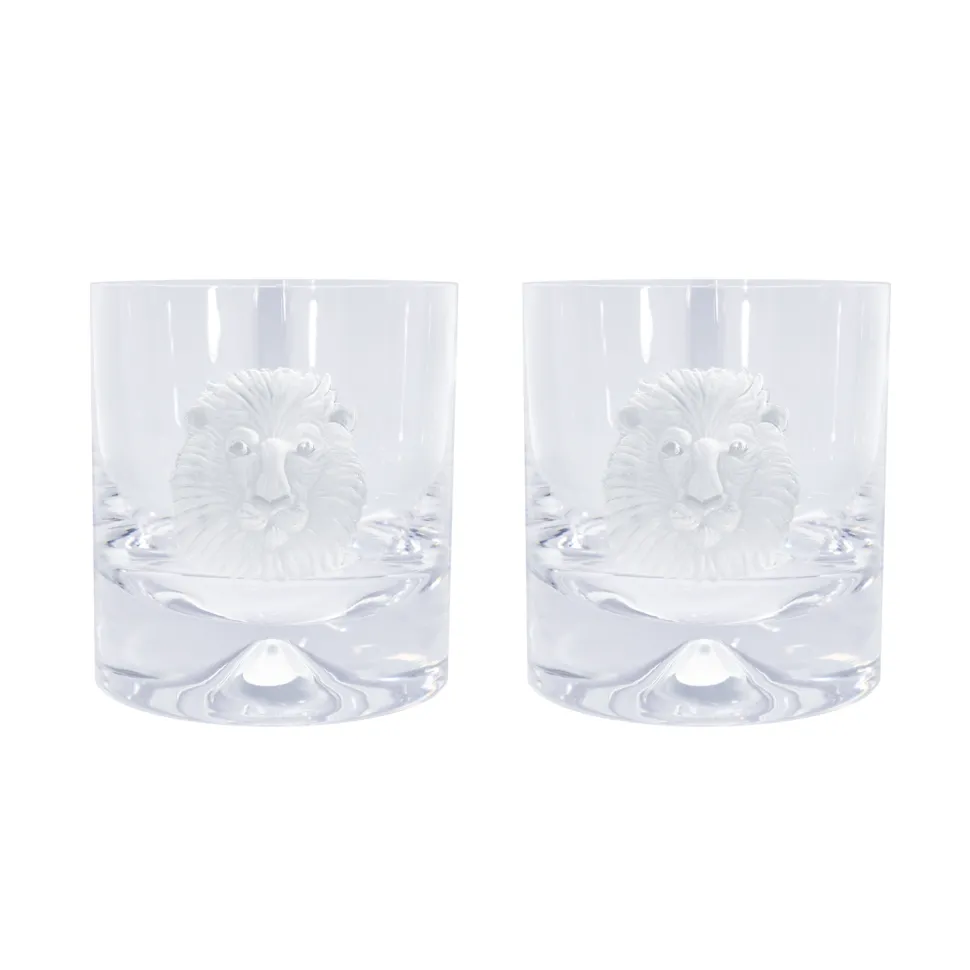 Pair of Glass Tumblers With Engraved Lion