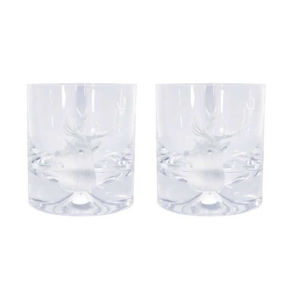 Pair of Glass Tumblers With Engraved Stag
