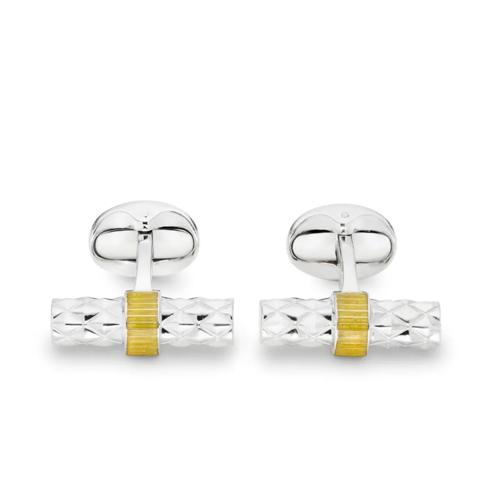 Sterling Silver Bar Cufflinks with Yellow Enamel Centre