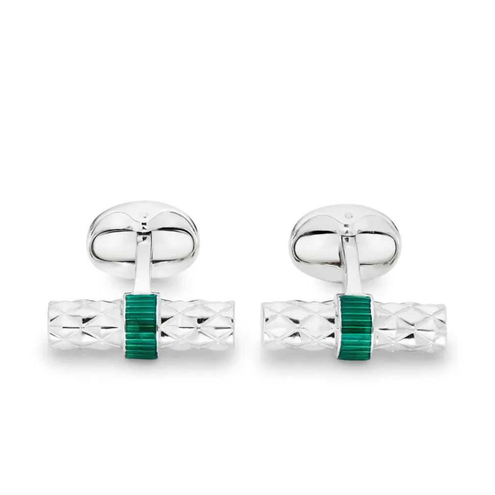 Sterling Silver Bar Cufflinks with Green Enamel Centre