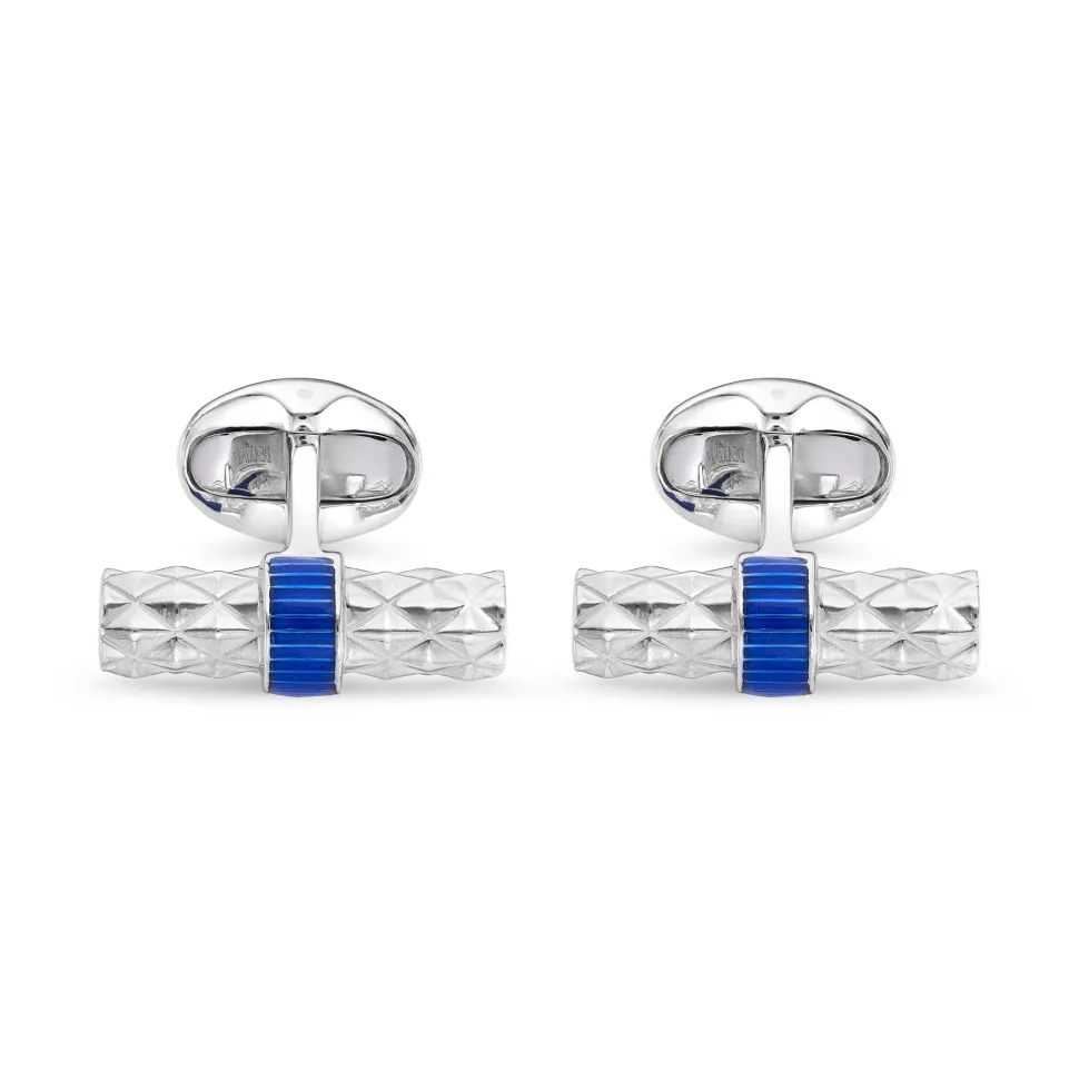Sterling Silver Bar Cufflinks with Blue Enamel Centre