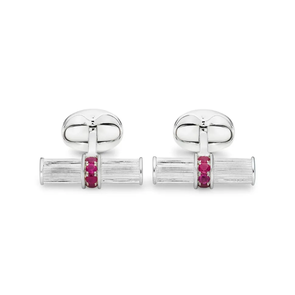 Sterling Silver Bar Cufflinks With Ruby Centre