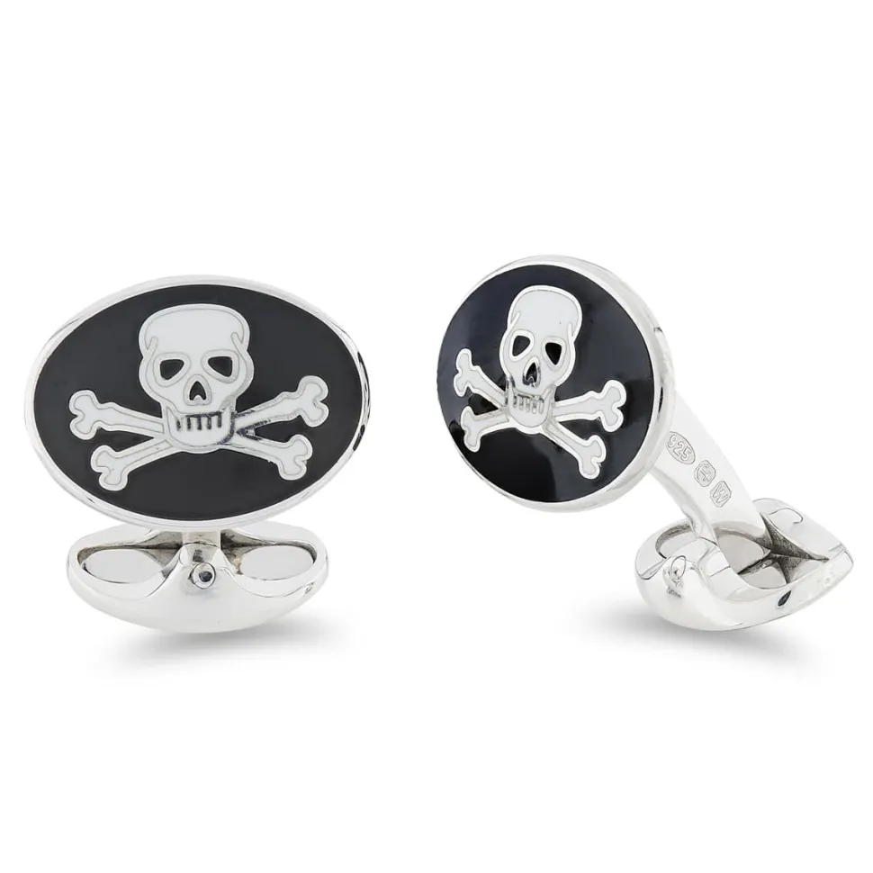 Sterling Silver Black Skull And Cross Bones Enamel Cufflinks
