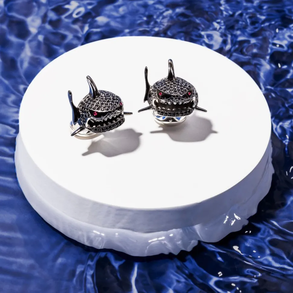 Sterling Silver Black Spinel Shark Cufflinks