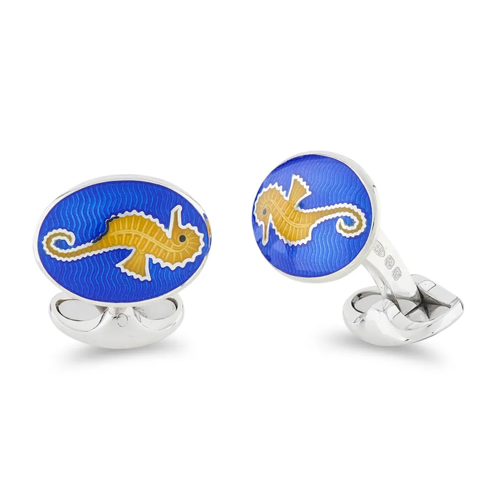 Sterling Silver Blue And Yellow Enamel Seahorse Cufflinks