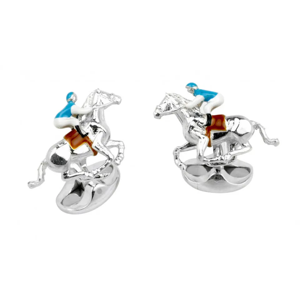 Sterling Silver Blue and Brown Horse and Jockey Cufflinks