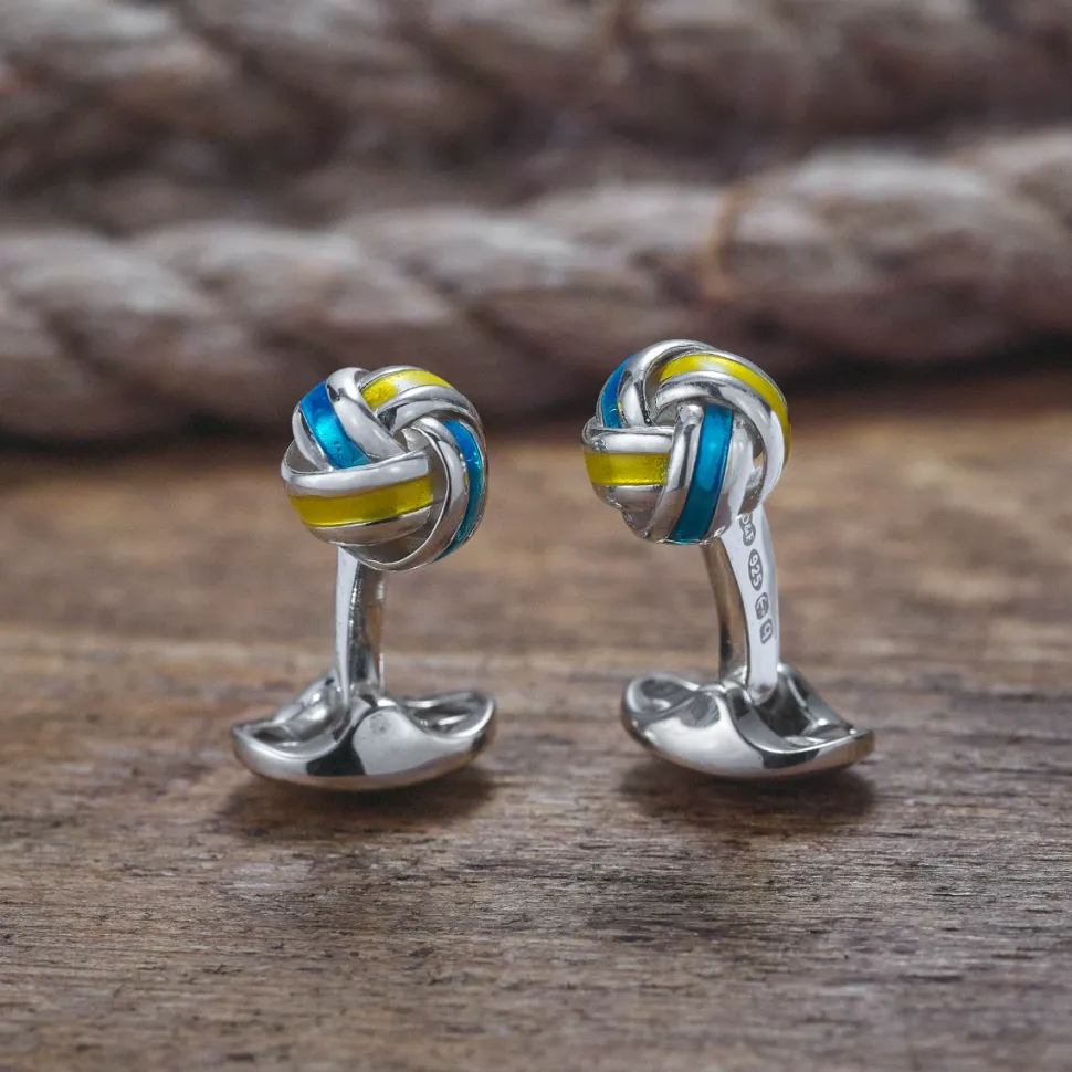 Sterling Silver Blue and Yellow Enamel Knot Cufflinks