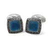 Sterling Silver Blue Enamel Cufflinks with Black Patterned Border