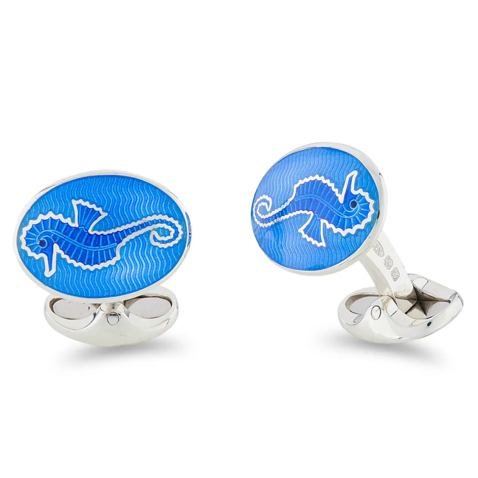 Sterling Silver Blue Enamel Seahorse Cufflinks