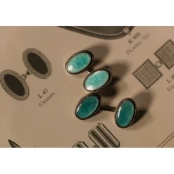 Sterling Silver Blue Oval Vitreous Enamel Vintage Cufflinks