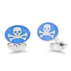 Sterling Silver Blue Skull And Cross Bones Enamel Cufflinks