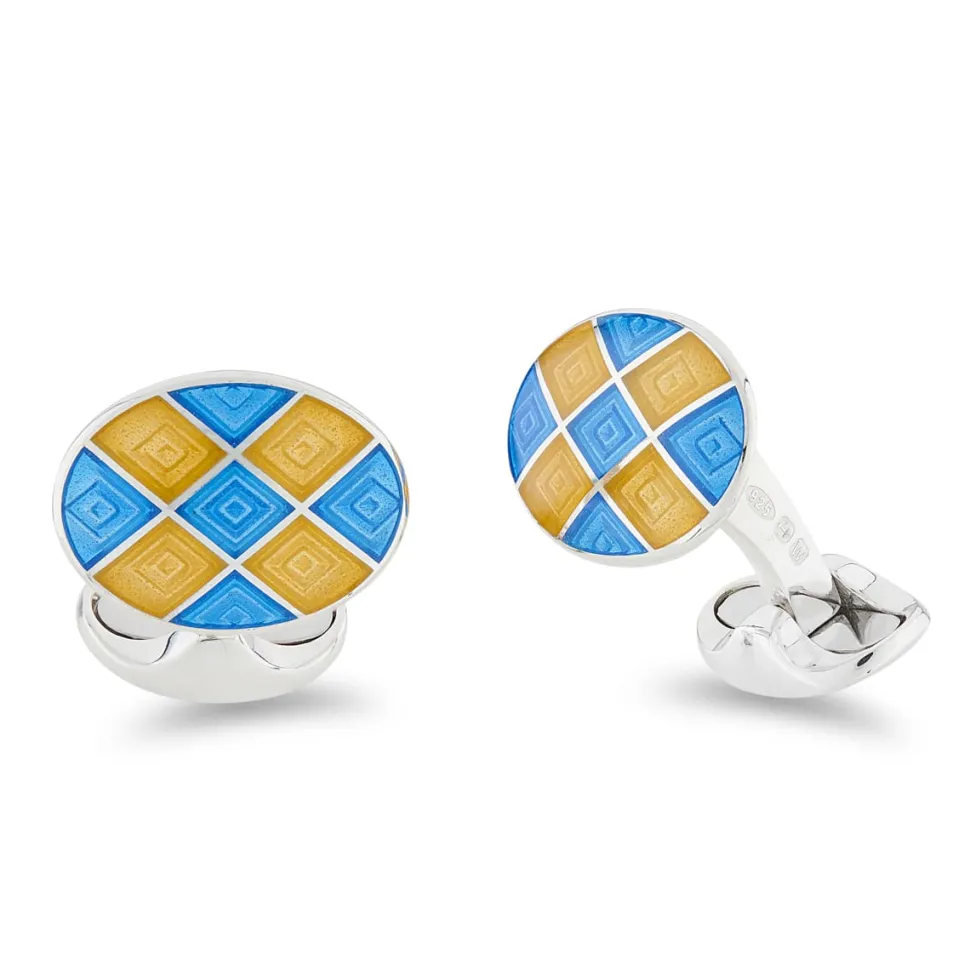 Sterling Silver Bright Yellow And Blue Enamel Chequer Pattern Cufflink