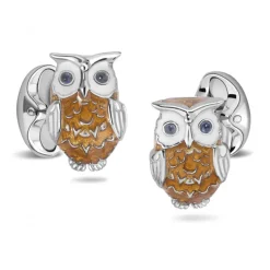 Sterling Silver Brown Owl Enamel Dress Stud Set