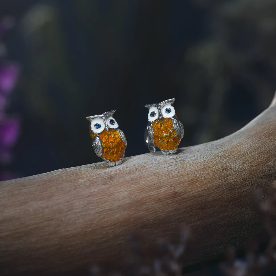Sterling Silver Brown Owl Cufflinks with Sapphire Eyes