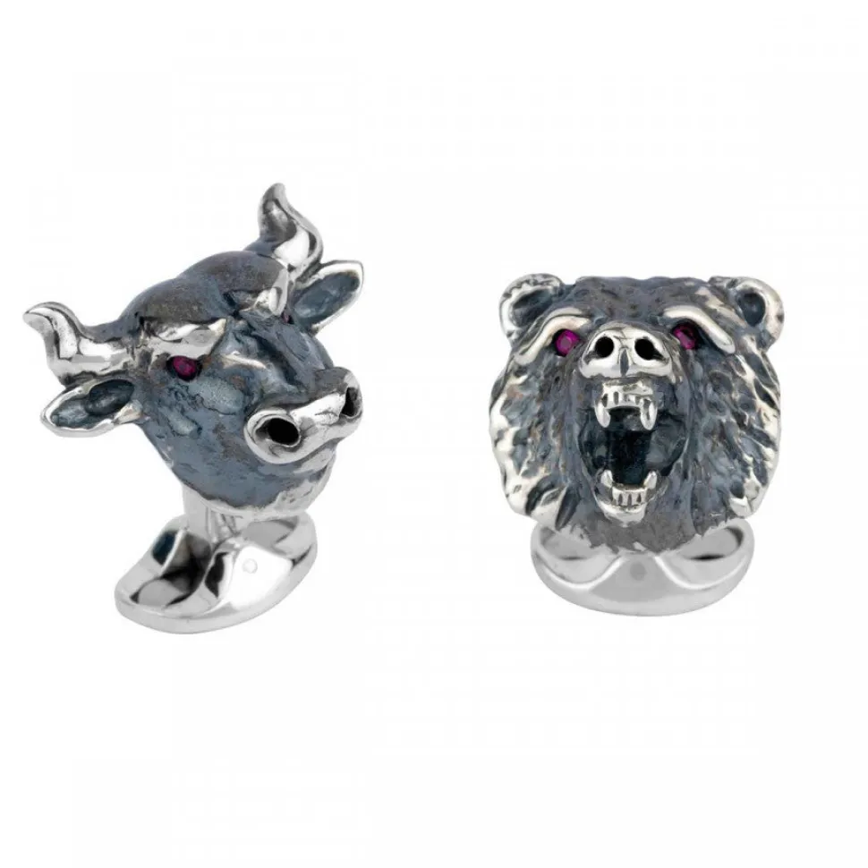 Sterling Silver Bull & Bear Cufflinks with Ruby Eyes