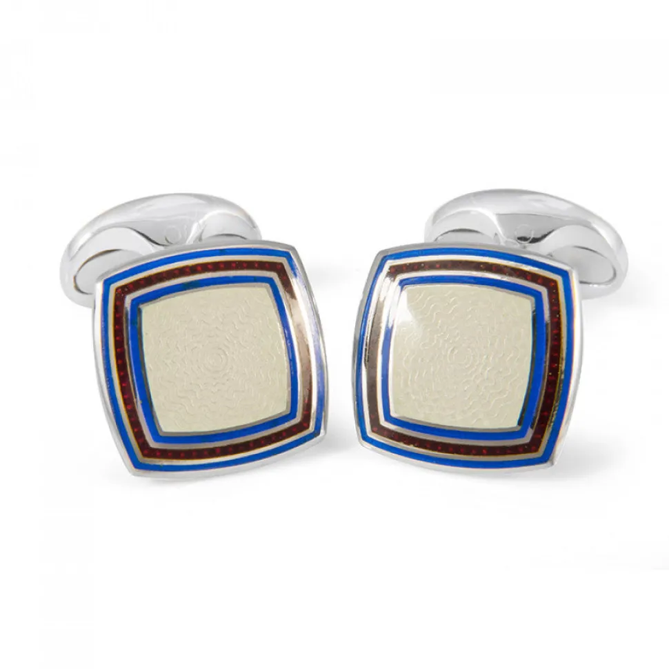 Sterling Silver Clear Enamel Cufflinks With Striped Border