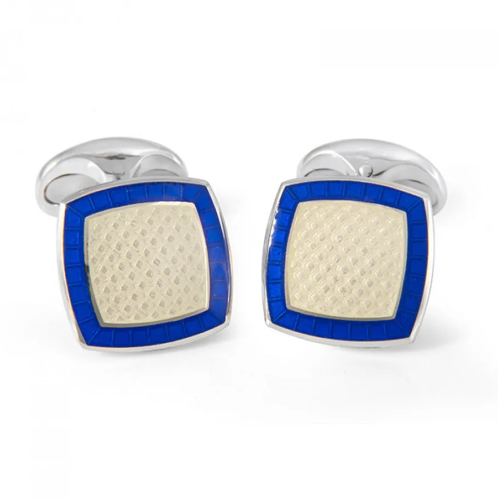 Sterling Silver Clear Enamel Cufflinks with Royal Blue Border