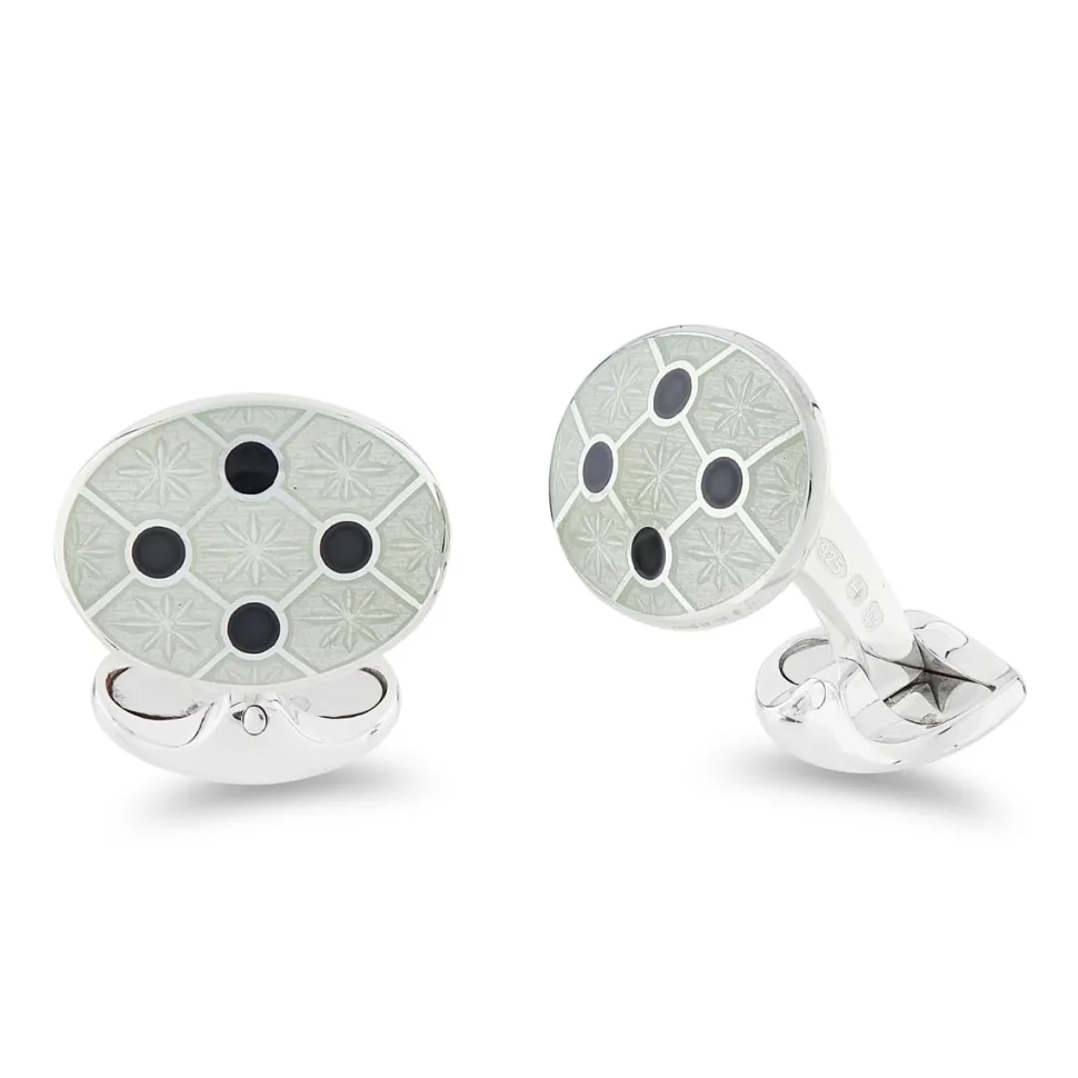 Sterling Silver Clear Enamel Cufflinks With Black Enamel Dot Design