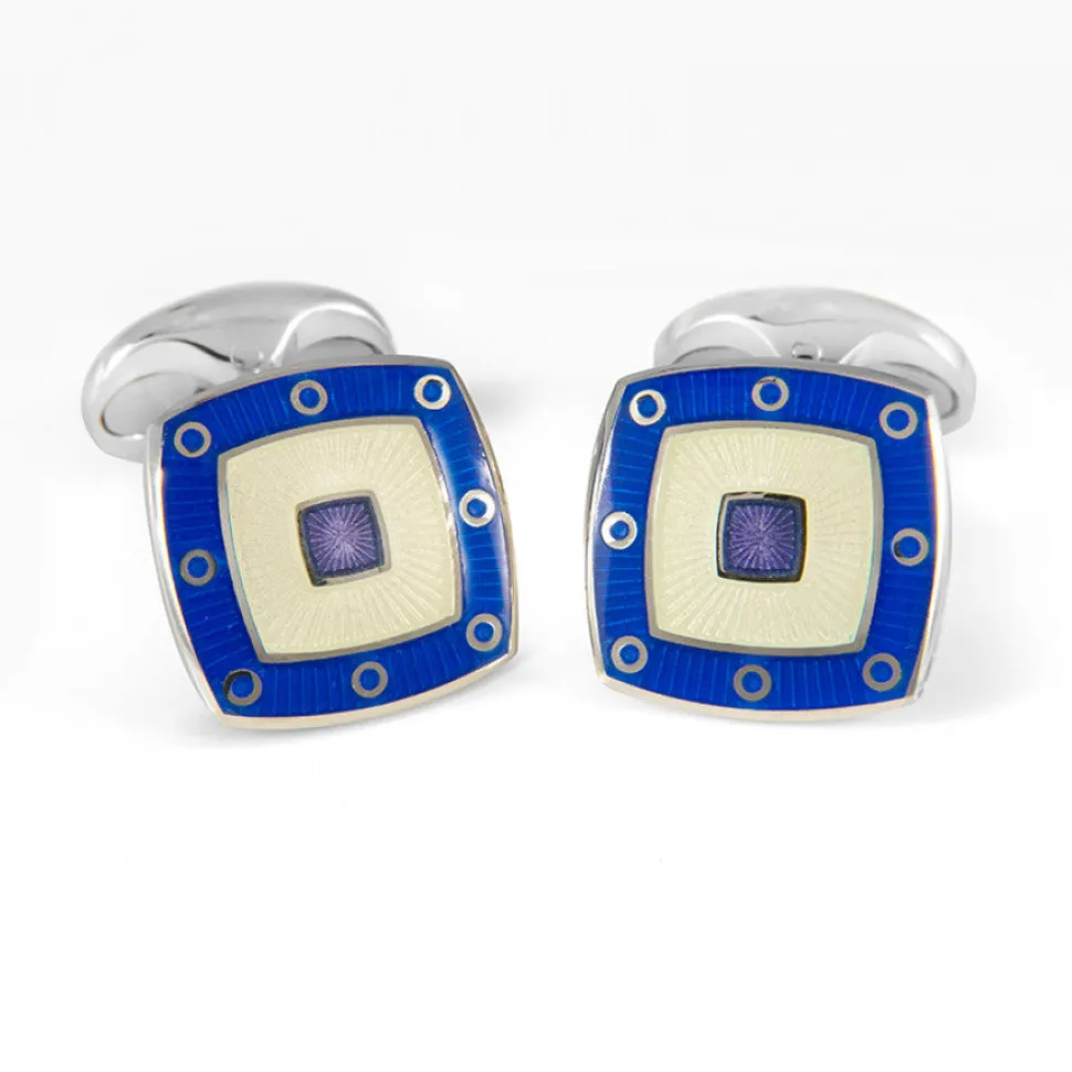 Sterling Silver Clear Enamel Cufflinks With Blue Spot Border