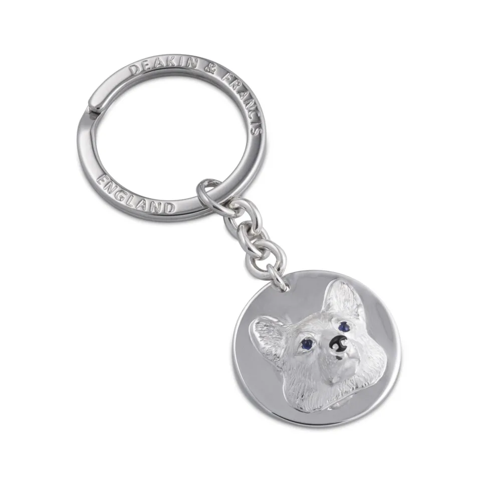 Sterling Silver Corgi Keyring With Sapphire Eyes