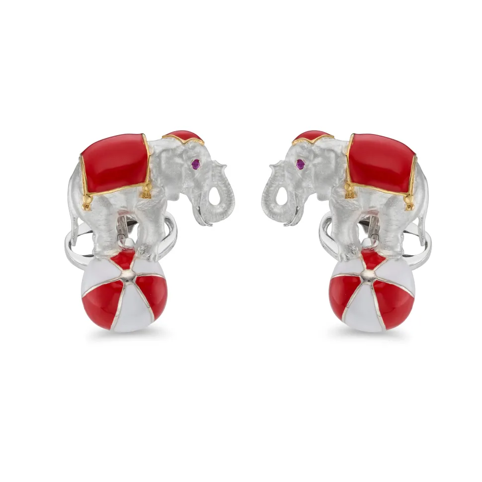 Sterling Silver Elephant On A Ball Cufflinks - Red