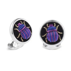 Sterling Silver Embroidered Light And Dark Purple Bug Cufflinks