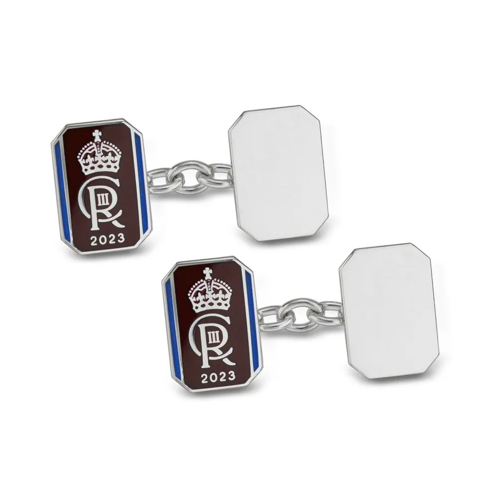 Sterling Silver Enamel And Plain Oblong Chain Link Coronation Cufflink
