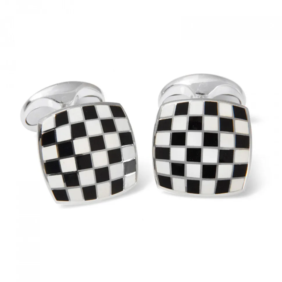 Sterling Silver Enamel Checkerboard Cufflinks in Black and White