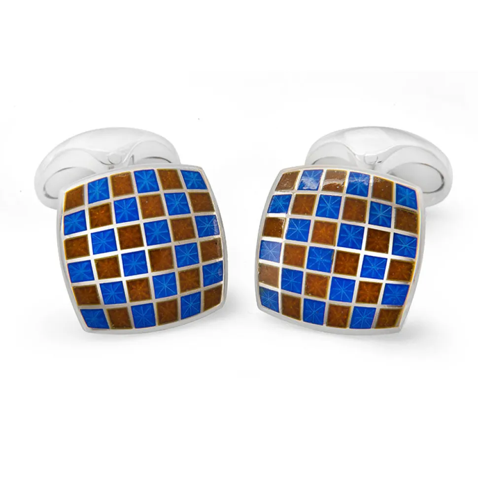 Sterling Silver Enamel Checkerboard Cufflinks in Red and Blue