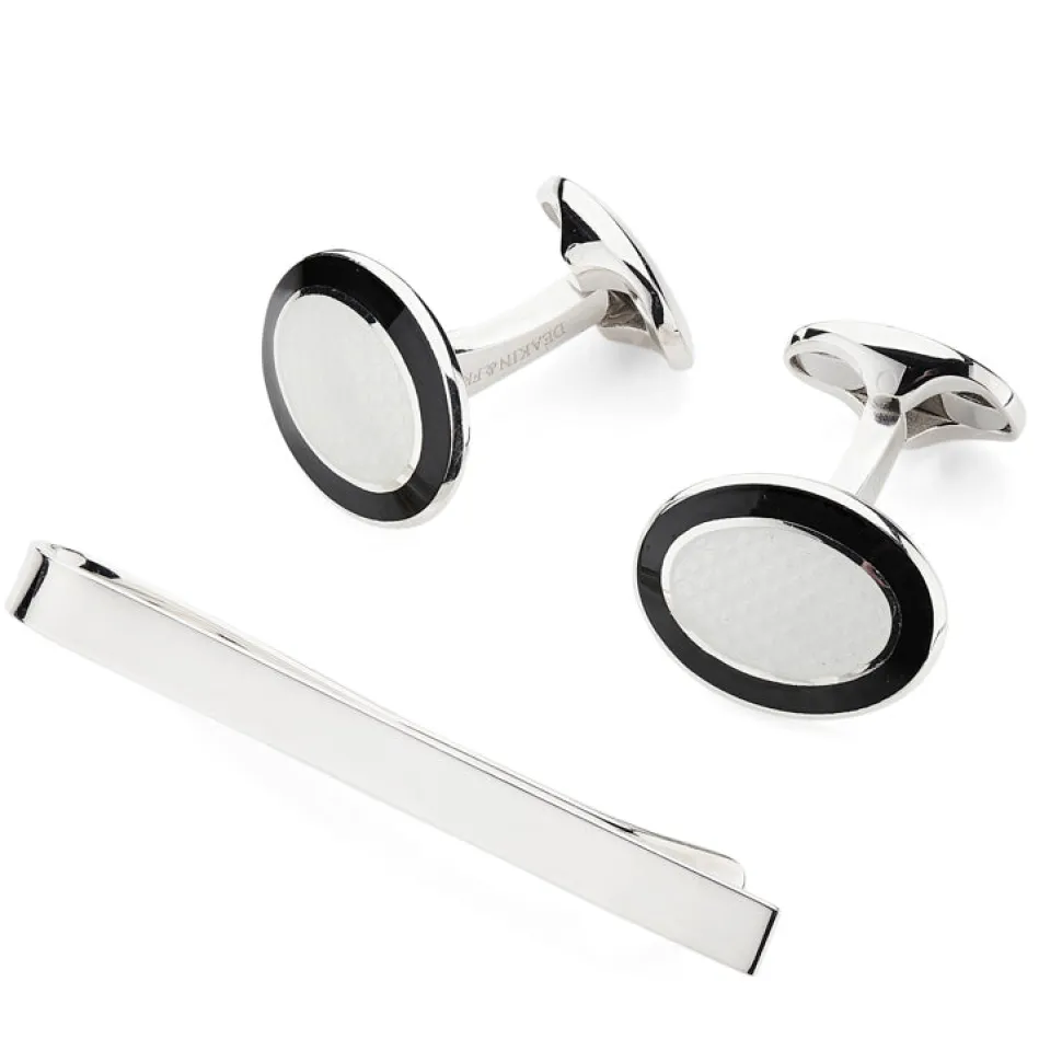 Sterling Silver Enamel Cufflinks and Tie Slide Set