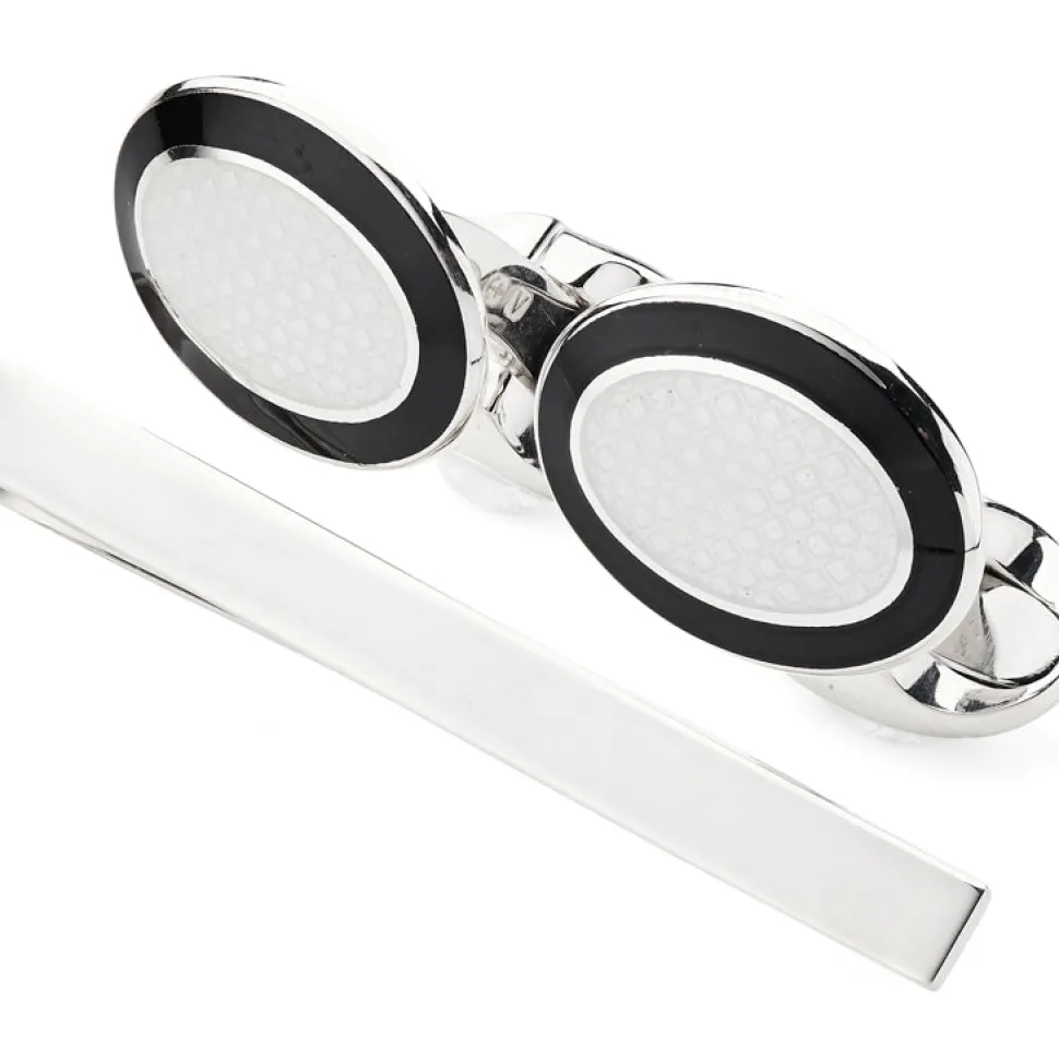 Sterling Silver Enamel Cufflinks and Tie Slide Set