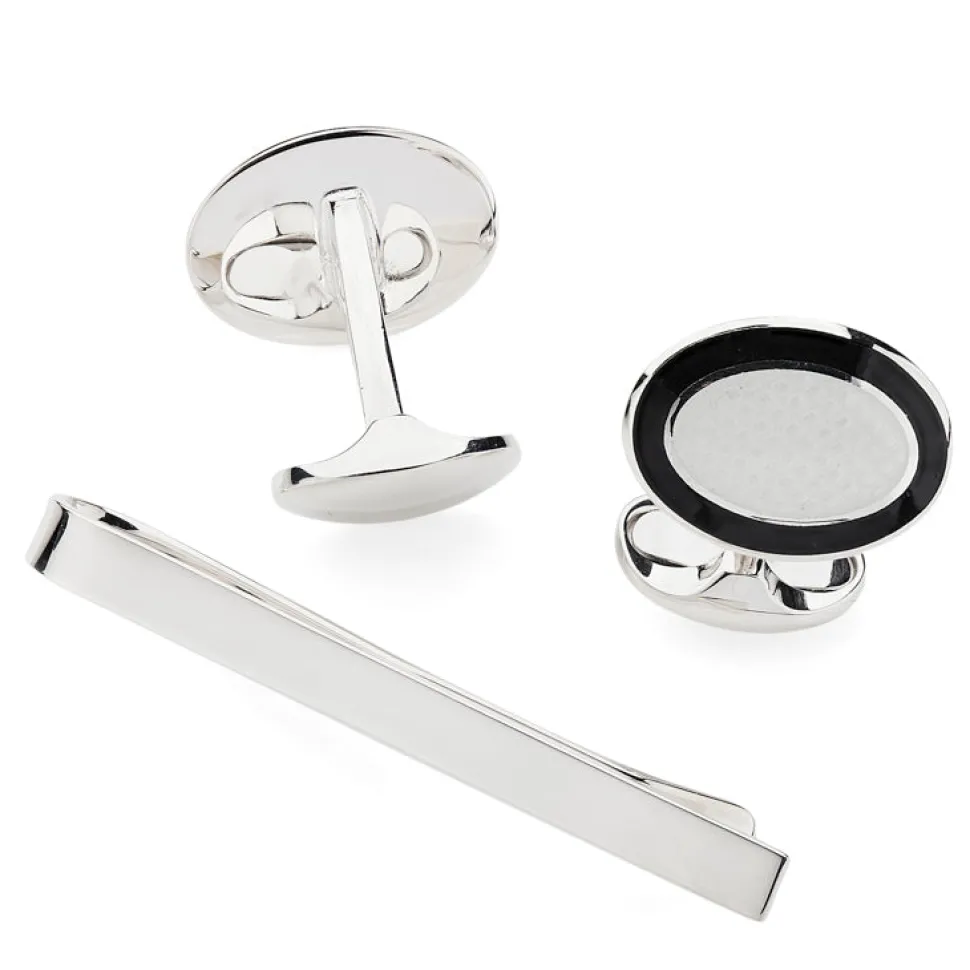 Sterling Silver Enamel Cufflinks and Tie Slide Set