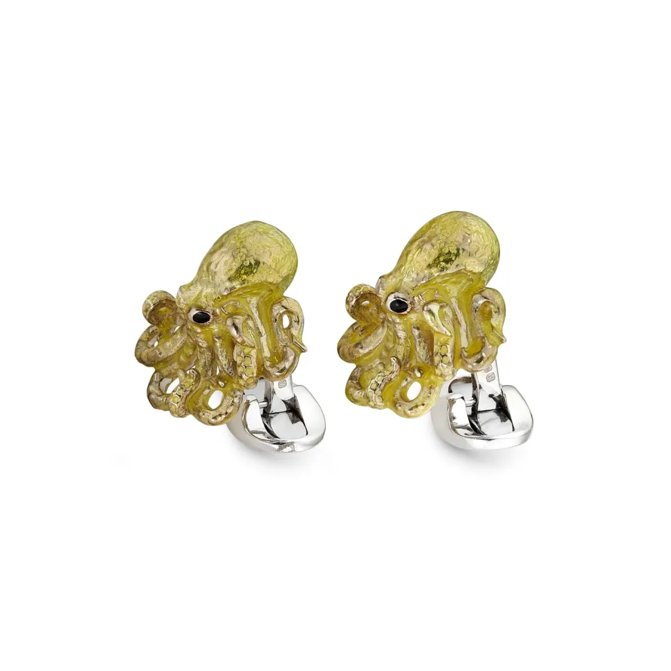 Sterling Silver Enamelled Octopus Cufflinks - Yellow Cufflinks