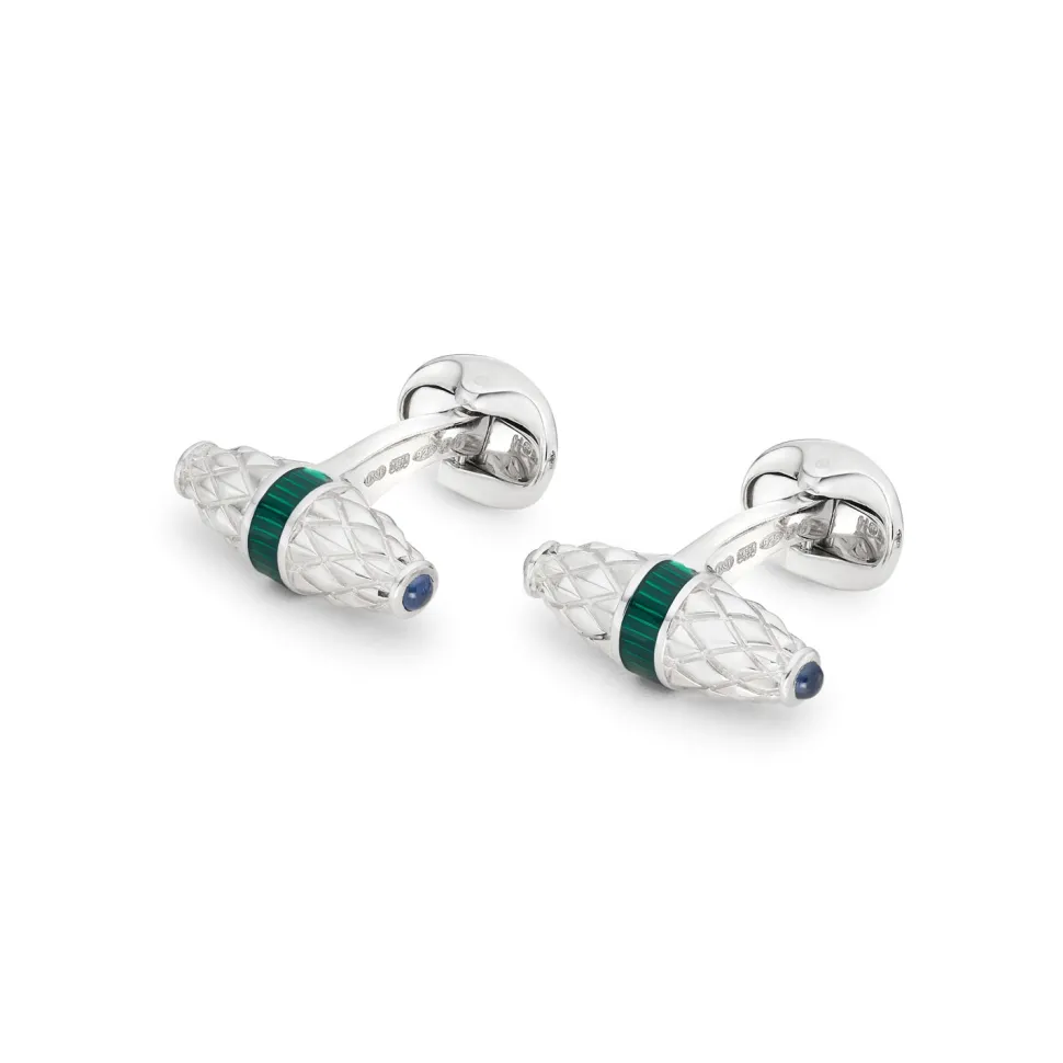 Sterling Silver Fancy Bar Cufflinks With Green Enamel Centre And Sapph