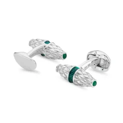 Sterling Silver Fancy Bar Cufflinks With Green Enamel Centre and Emera