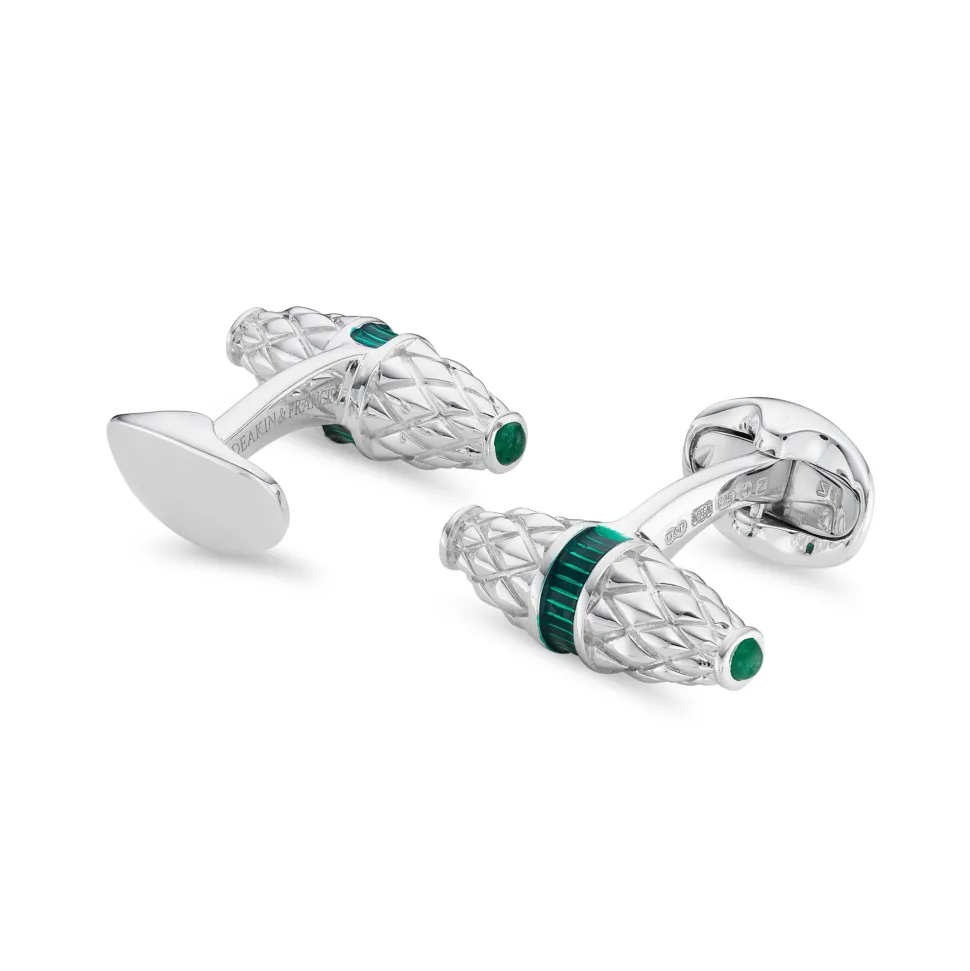 Sterling Silver Fancy Bar Cufflinks With Green Enamel Centre and Emera