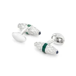 Sterling Silver Fancy Bar Cufflinks With Green Enamel Centre And Sapph
